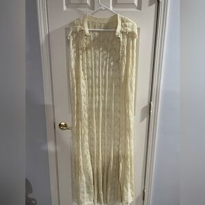 Vintage Cream Grannycore Knit Long Hooded Sweater Shawl Pearl Button Accent OSFM